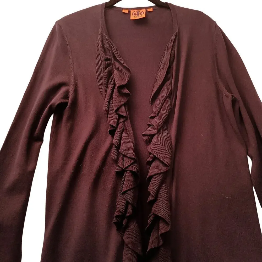 Tory Burch Ladies Black Cotton Open Cardigan Ruffles on Front Size Med